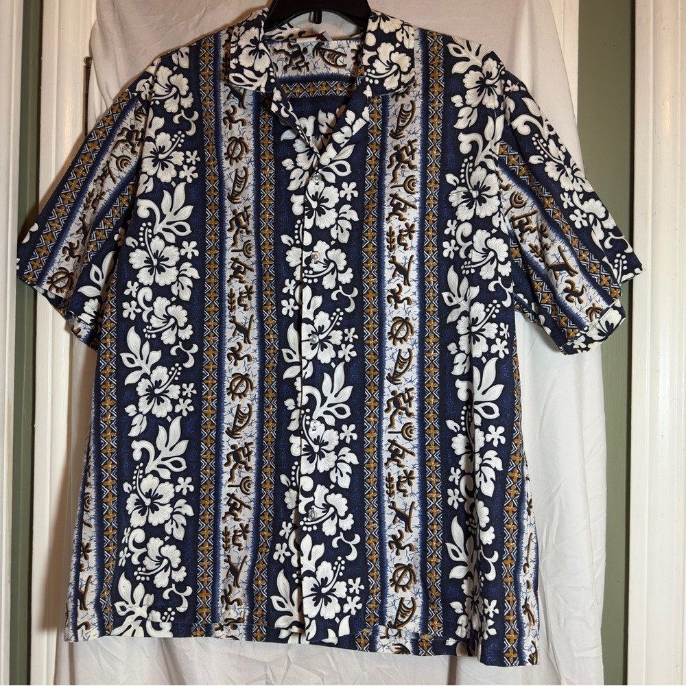 Vintage Evergreen Island Mens Hawaiian Made In Hawaii Tribal Shirt Size XL Blue